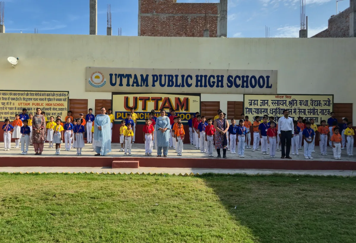 Students and staff assembled in the grounds of Uttam Public School